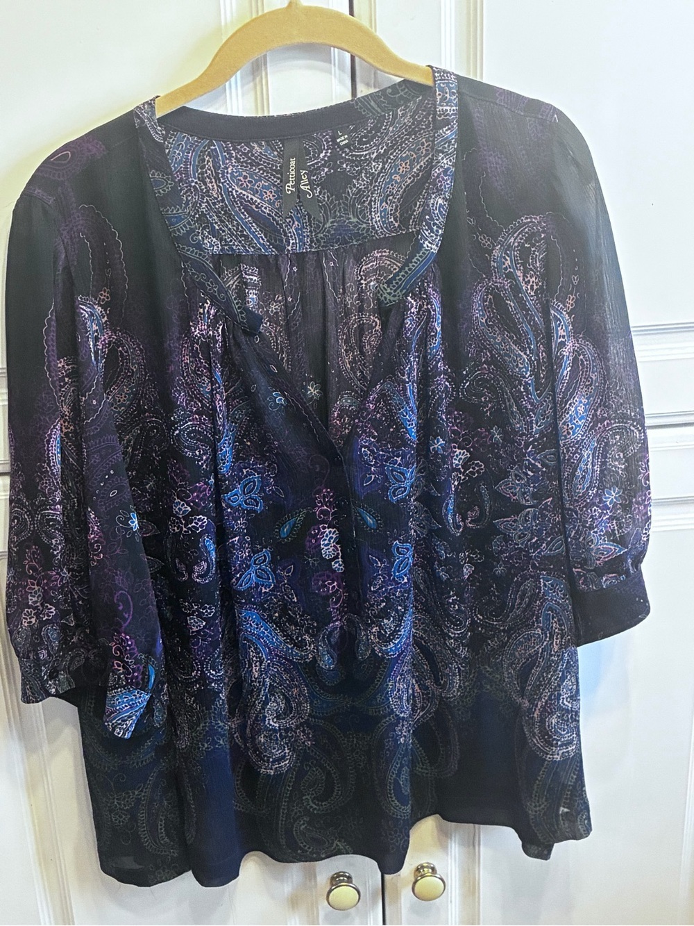 Petticoat Alley Women’s Purple Paisley Tie-Neck Peasant Blouse, Size: L